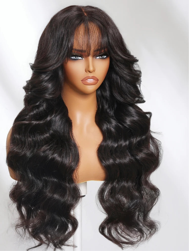 Unice Hair Pre Cut Pre Bleached 7x5 Loose Wave Wig With Bangs Wear Go Glueless Wig Pre Plucked Lace Front Human Hair Wig