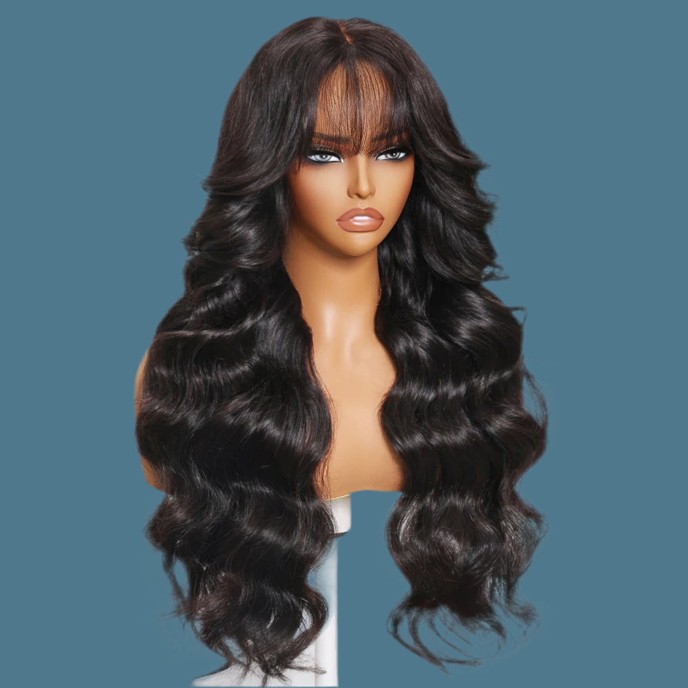 Unice Hair Pre Cut Pre Bleached 7x5 Loose Wave Wig With Bangs Wear Go Glueless Wig Pre Plucked Lace Front Human Hair Wig