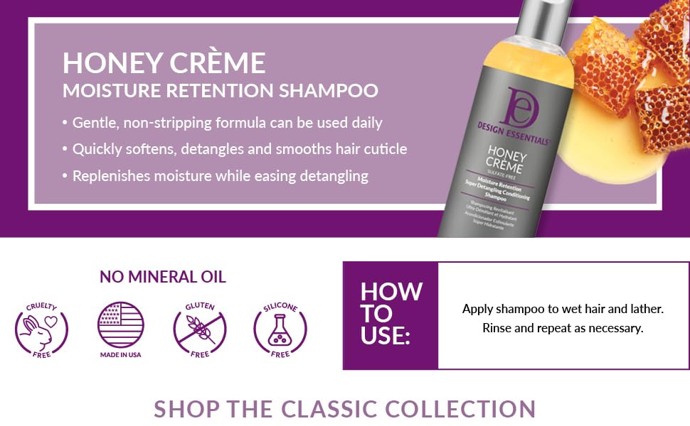 Design Essentials Honey Creme Moisture Retention Super Detangling Conditioning Shampoo, Sulfate Free for Moisturizing and Strengthening Hair, 8 Fl Oz (Pack of 1)