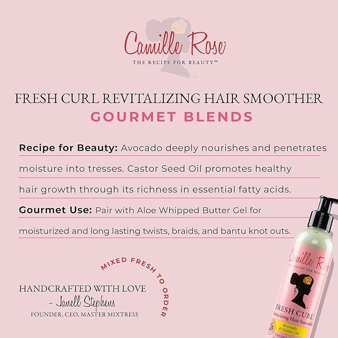 Camille Rose Fresh Curl Hair Styling Lotion & Detangler, with Avocado and Castor Oil, to Moisturize and Promote Hair Growth, for all Hair Types, 8 oz