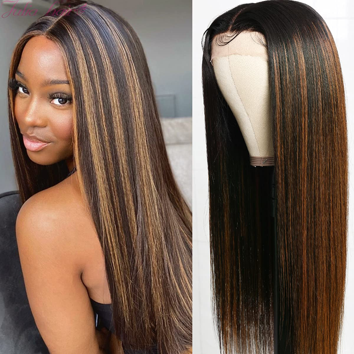 Highlight Straight Balayage Blonde FB30 Ombre Color Human Hair Lace Front T Part Wigs for Women 10A Brazilian Chocolate Brown Blonde 13X5 Lace Frontal Wigs Pre Plucked with Baby Hair 14Inch