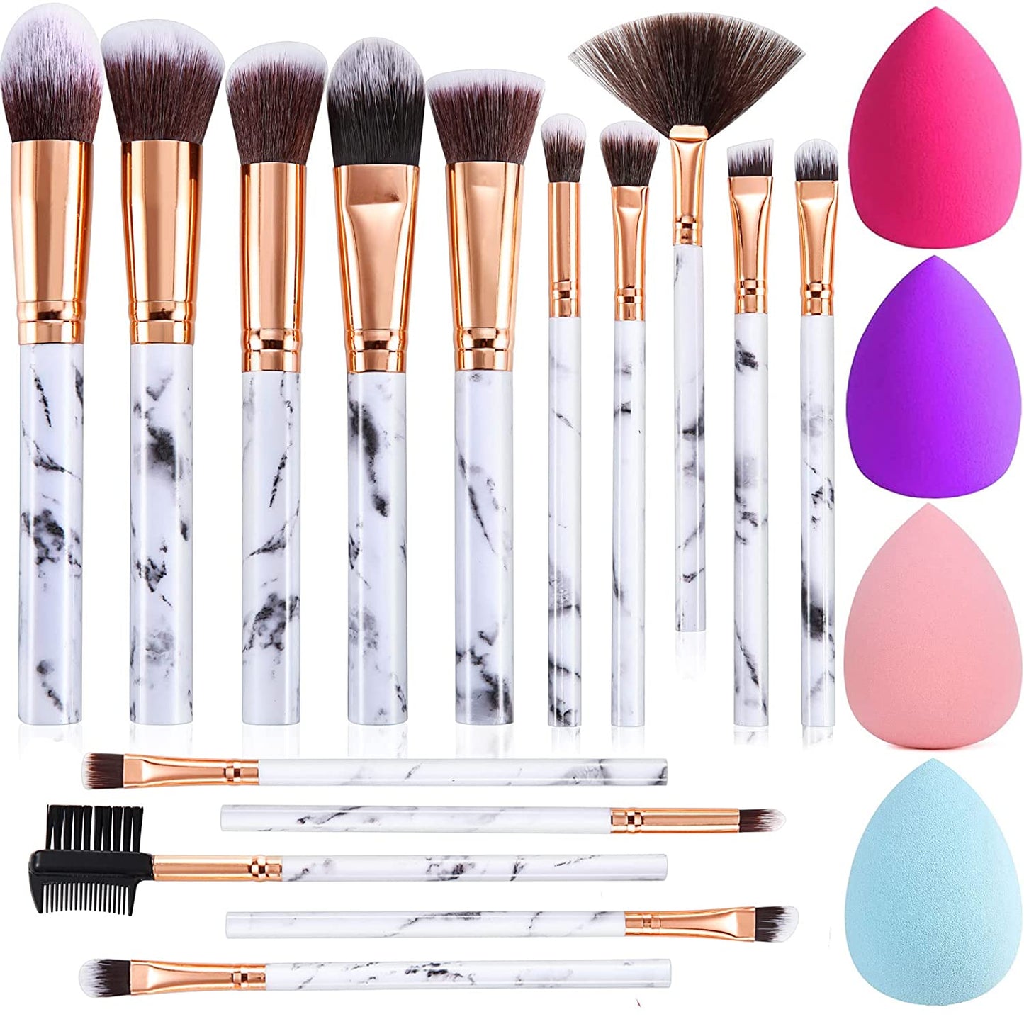 Makeup Brushes  15Pcs Marble Makeup Brush Set Premium Synthetic Kabuki Powder Blush Contour Foundation Concealer Eyeshadow Brushes with Makeup Sponge Make up Tool