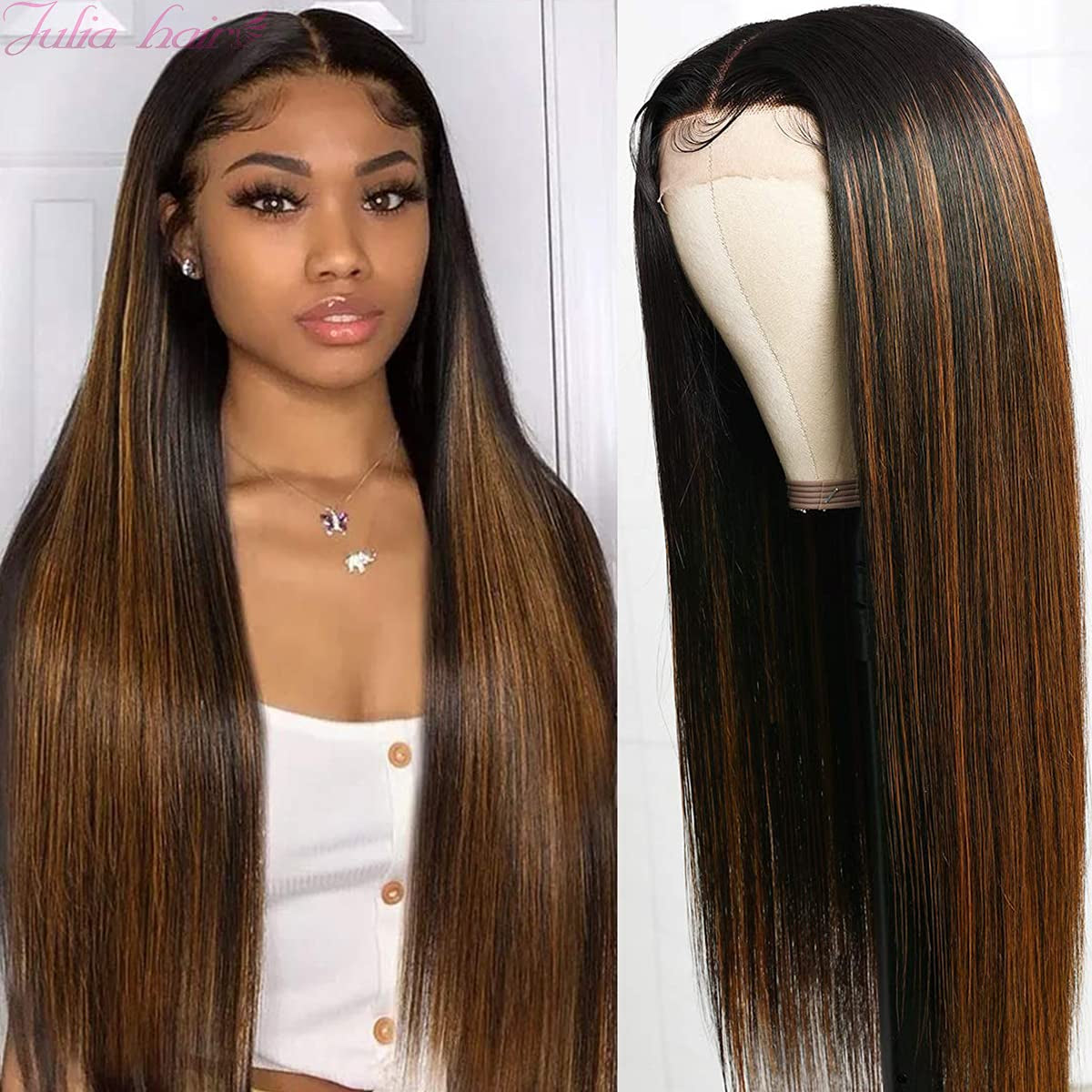 Highlight Straight Balayage Blonde FB30 Ombre Color Human Hair Lace Front T Part Wigs for Women 10A Brazilian Chocolate Brown Blonde 13X5 Lace Frontal Wigs Pre Plucked with Baby Hair 14Inch