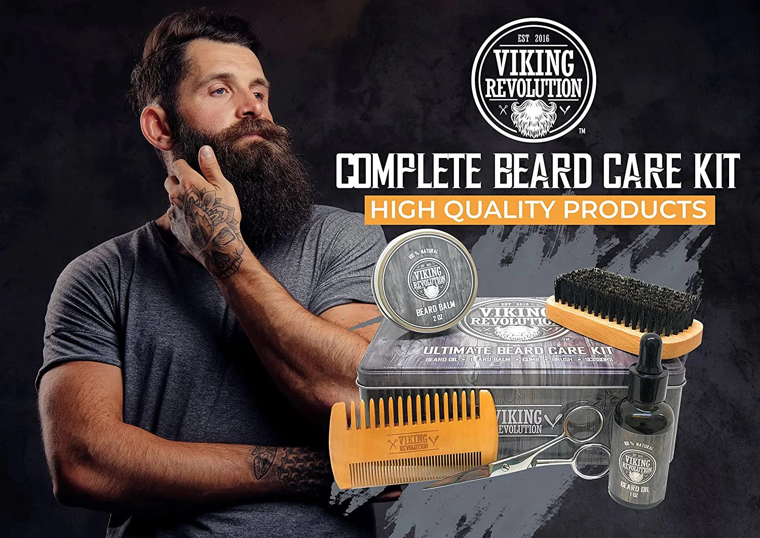 Beard Care Kit for Men - Kit Includes 100% Boar Beard Brush, Wooden Comb, Beard Balm, Beard Oil, Beard & Mustache Scissors in a Metal Box