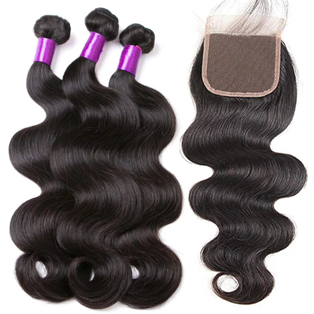 Brazilian Body Wave 3 Bundles with Closure 100% Unprocessed Human Hair Extensions 4X4 Free Part Lace Closure Natural Color (16 18 20+14)