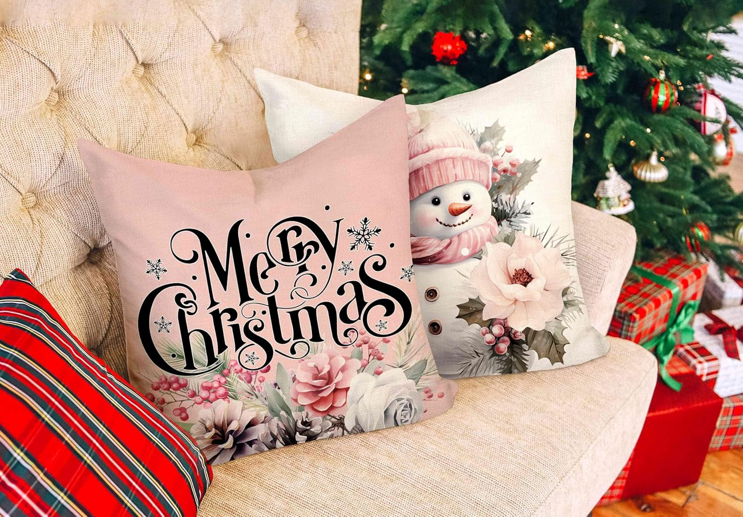 Pink Christmas Pillow Covers 18X18 Set of 4 Farmhouse Xmas Decorations Snowman Deer Joy Floral Merry Winter Holiday Decor Throw Cushion Case for Home Couch S24C02