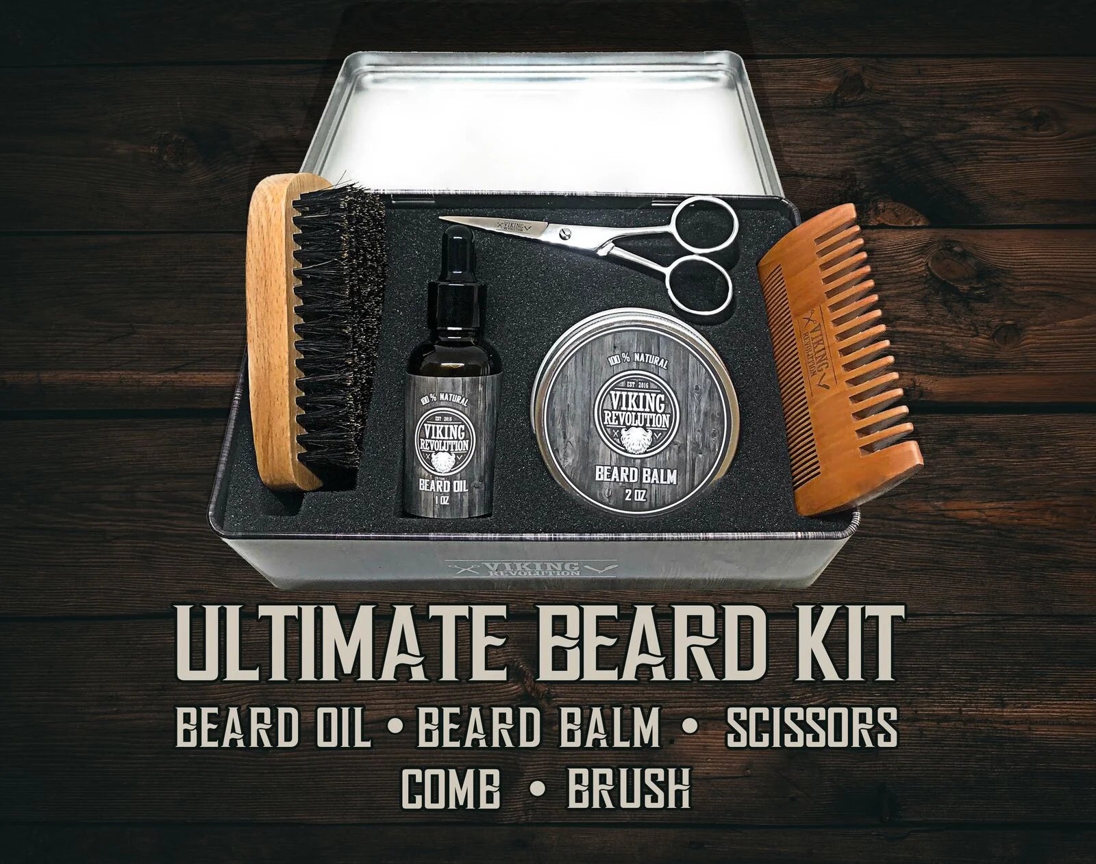 Beard Care Kit for Men - Kit Includes 100% Boar Beard Brush, Wooden Comb, Beard Balm, Beard Oil, Beard & Mustache Scissors in a Metal Box