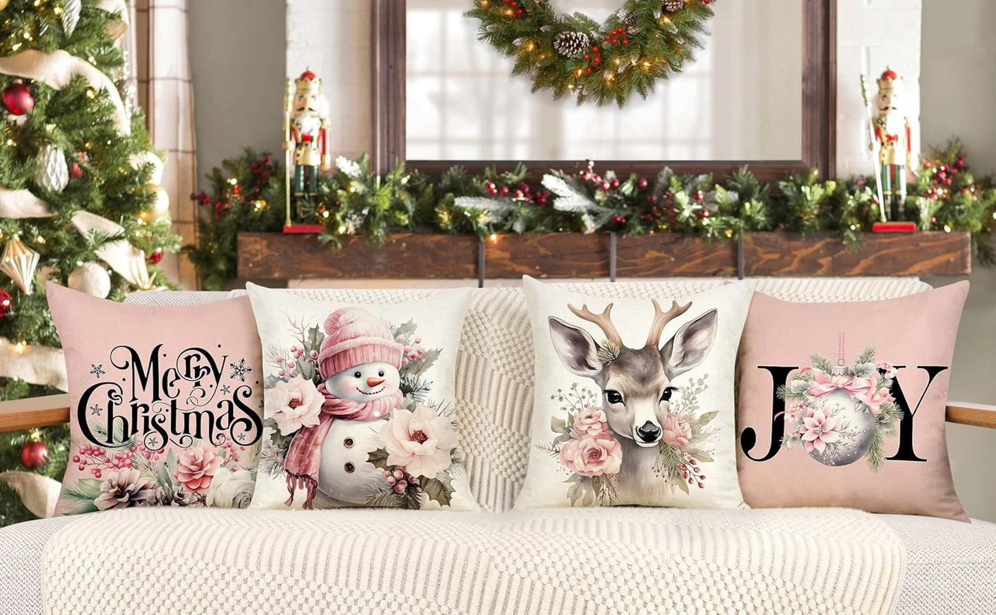 Pink Christmas Pillow Covers 18X18 Set of 4 Farmhouse Xmas Decorations Snowman Deer Joy Floral Merry Winter Holiday Decor Throw Cushion Case for Home Couch S24C02