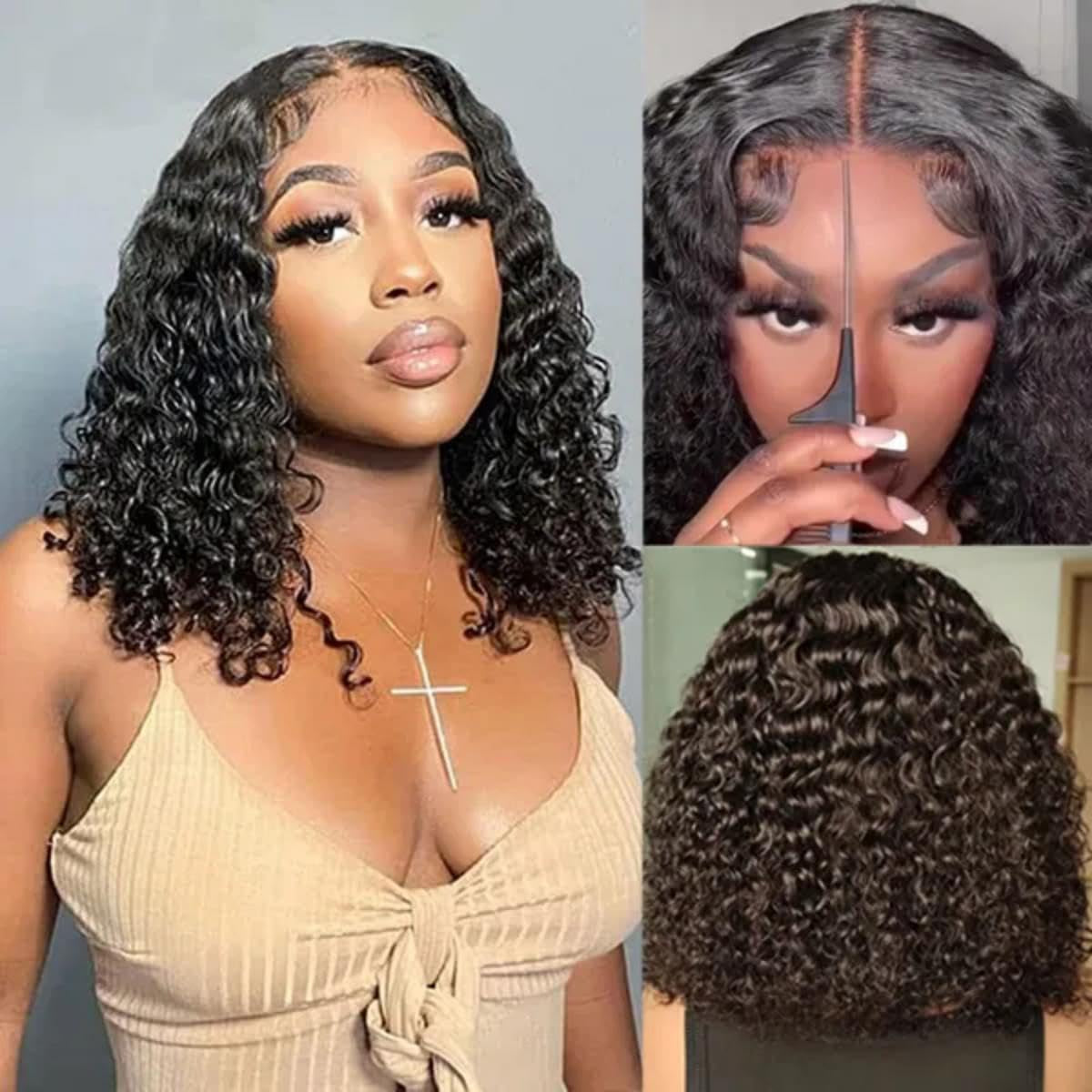 Hair Wear and Go Glueless Wigs Bob Wigs Human Hair Pre Plucked Water Wave Lace Front Wigs