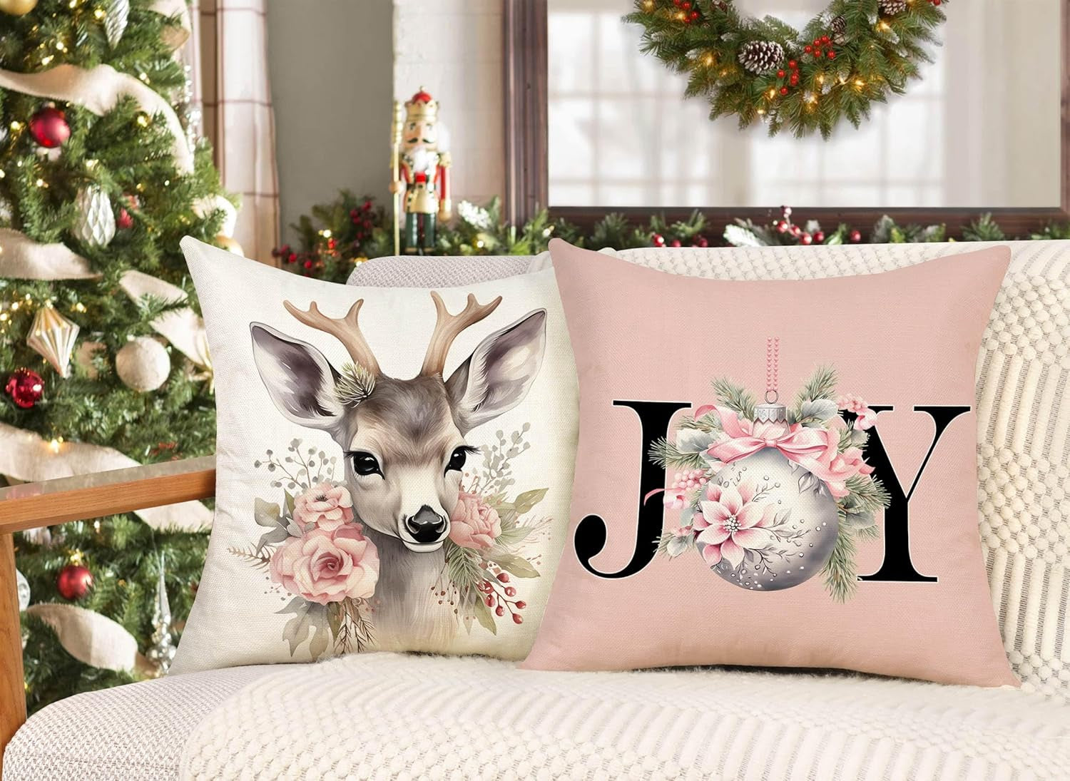 Pink Christmas Pillow Covers 18X18 Set of 4 Farmhouse Xmas Decorations Snowman Deer Joy Floral Merry Winter Holiday Decor Throw Cushion Case for Home Couch S24C02