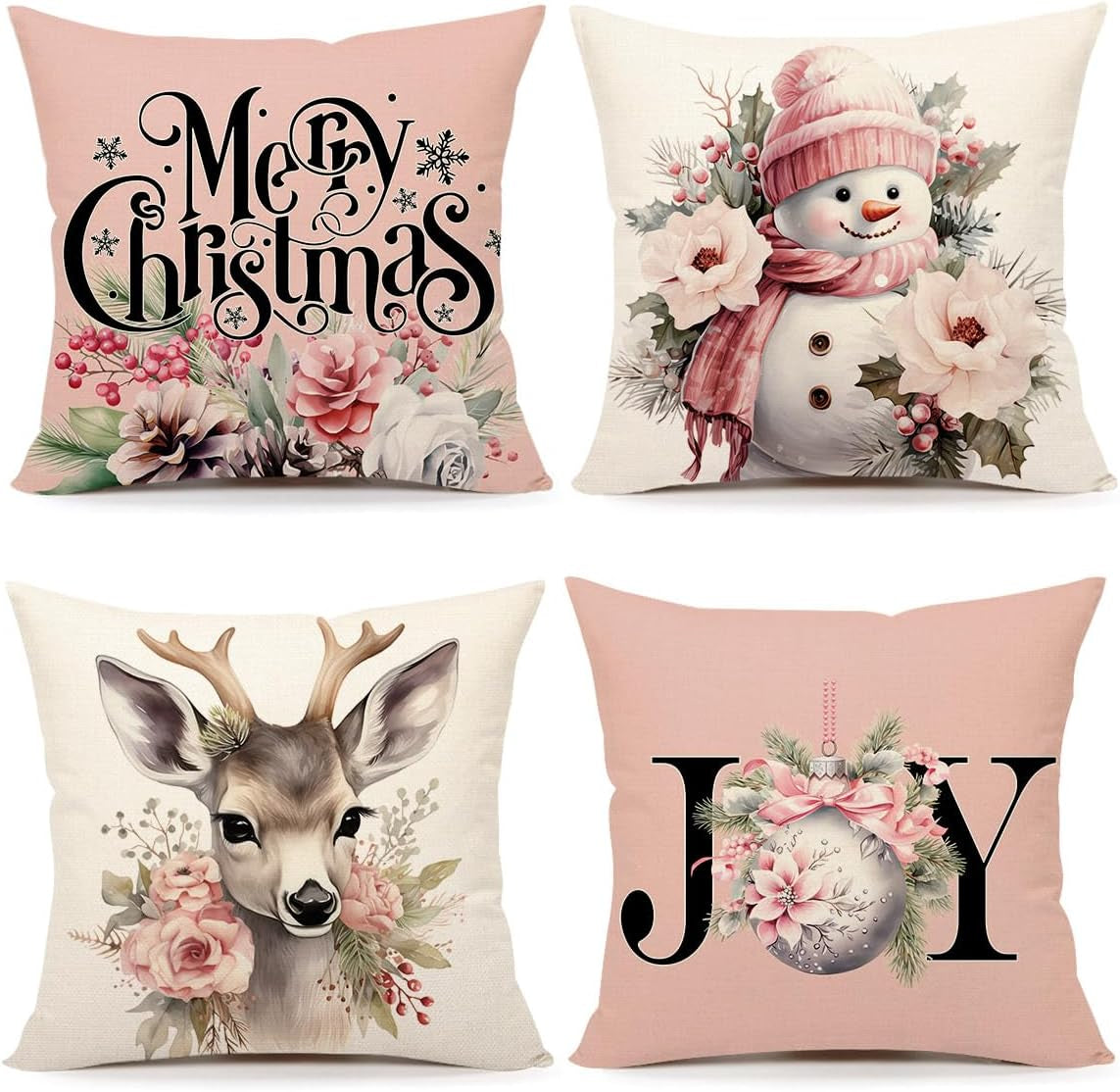 Pink Christmas Pillow Covers 18X18 Set of 4 Farmhouse Xmas Decorations Snowman Deer Joy Floral Merry Winter Holiday Decor Throw Cushion Case for Home Couch S24C02