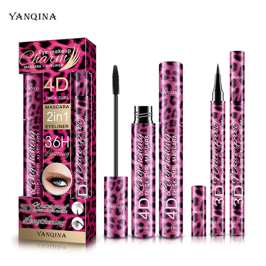 36 Hours Waterproof Eyeliner+4D Fiber Mascara Makeup Set Lashes Curling Lengthening Black Mascara Leopard Eye Makeup Cosmetics