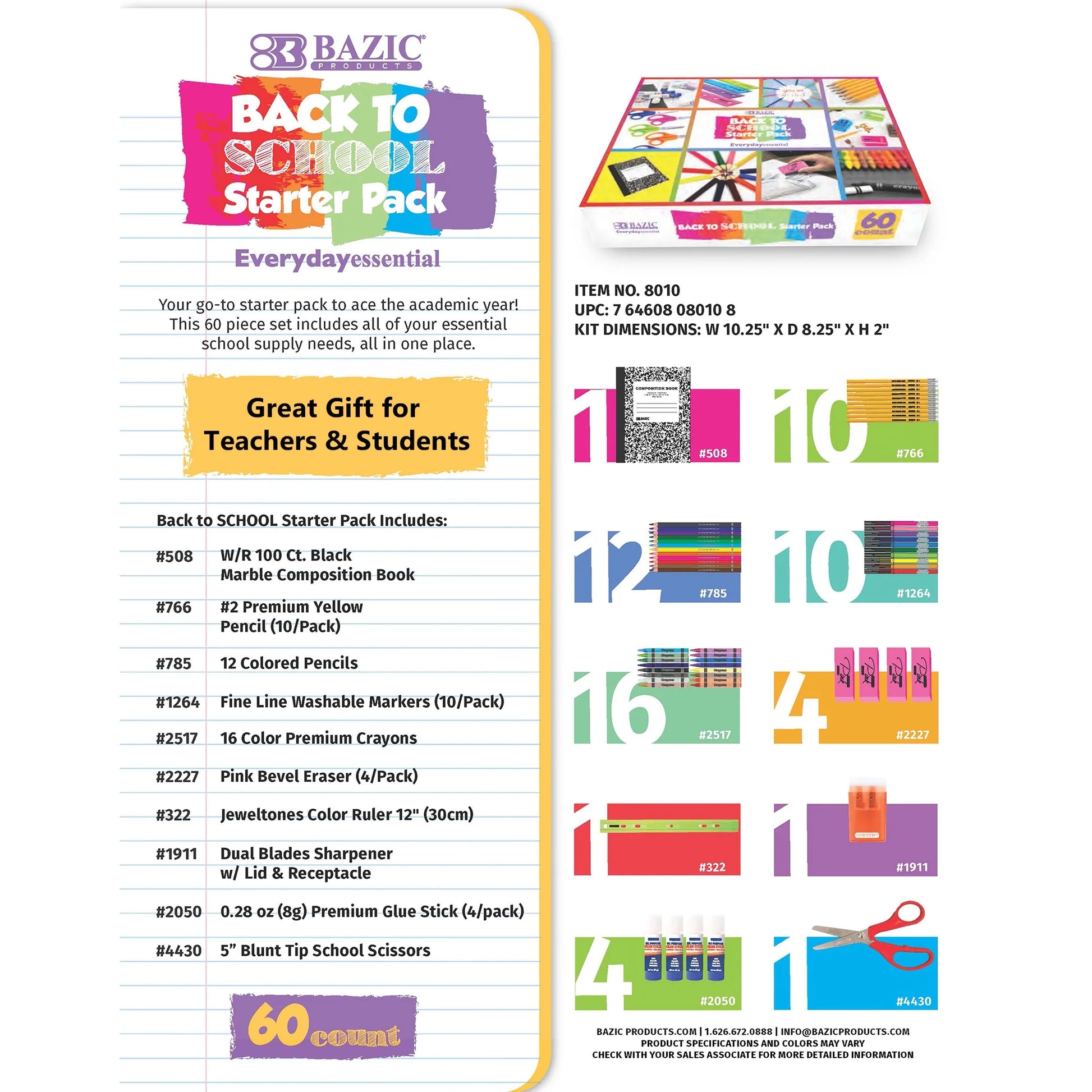 BAZIC Back to School Kit Bundle 60 Count, School Supplies Box for Elementary Student K-12, 1-Pack