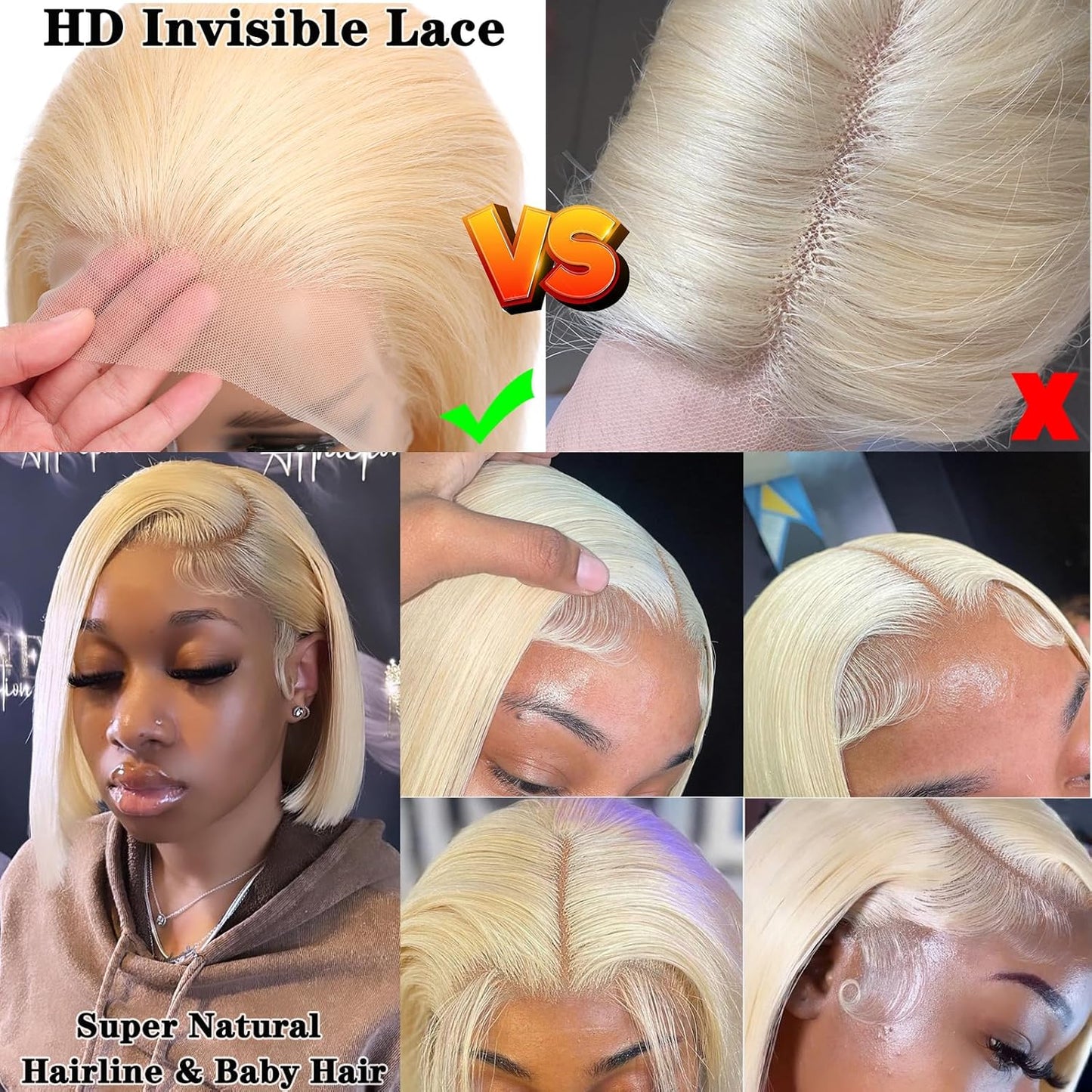 613 Blonde Wig Human Hair 13×4 HD Transparent 613 Lace Front Wig Human Hair Pre Plucked with Baby Hair 180% Density Wigs for Women Blonde Bob Wig 8 Inch Straight Bob Wig Human Hair