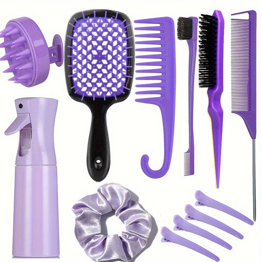 12pcs/Set Hair Styling Comb Set, Detangling Hair Brush For All Hair Types, Detangler Brush Teasing Hair Brush Rat Tail Comb Edge Brush, Silicone Scalp Massager Shampoo Brush For Shower, Hairdressing Spray Bottle, Hair Styling Tools, travel essentials