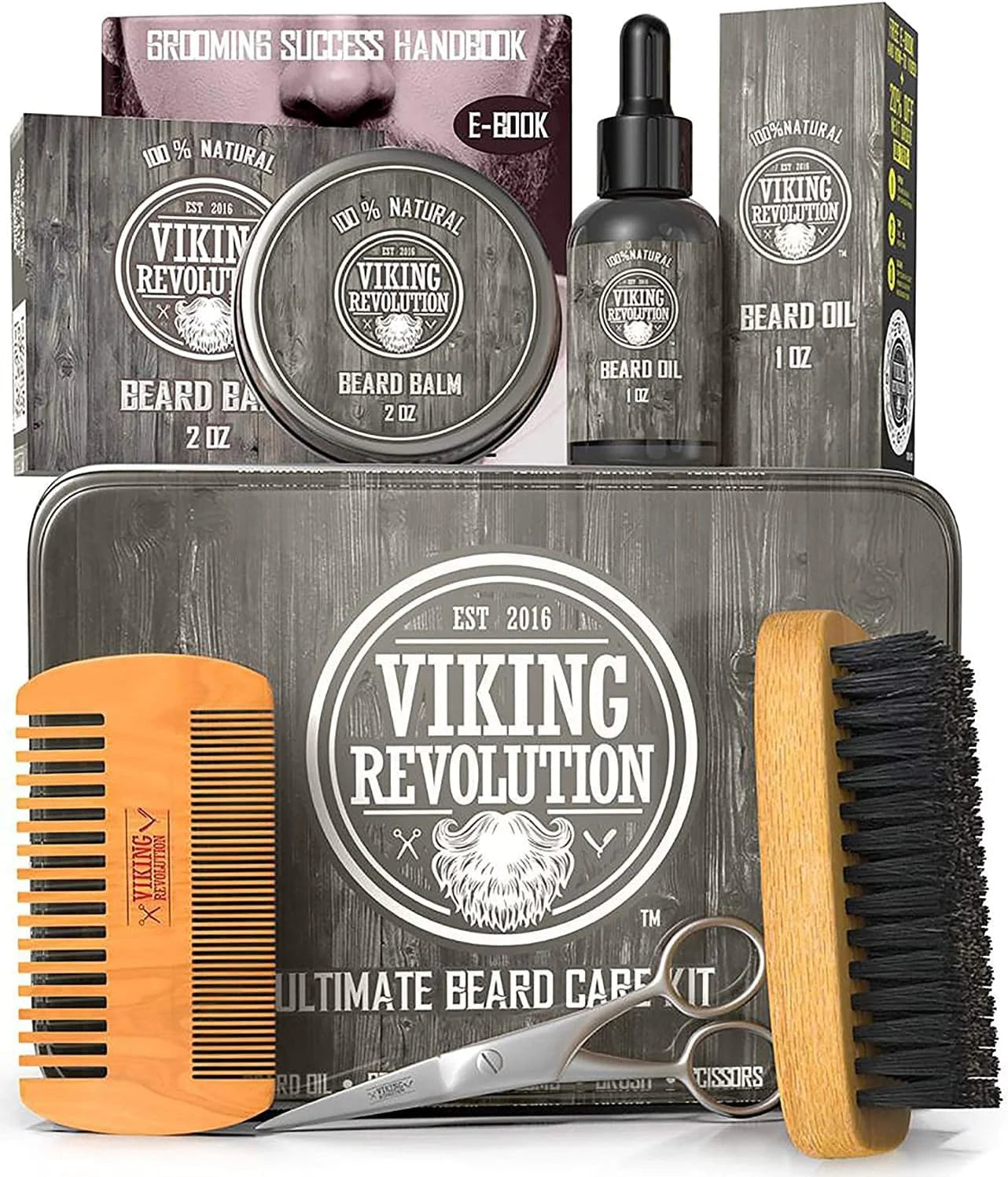 Beard Care Kit for Men - Kit Includes 100% Boar Beard Brush, Wooden Comb, Beard Balm, Beard Oil, Beard & Mustache Scissors in a Metal Box