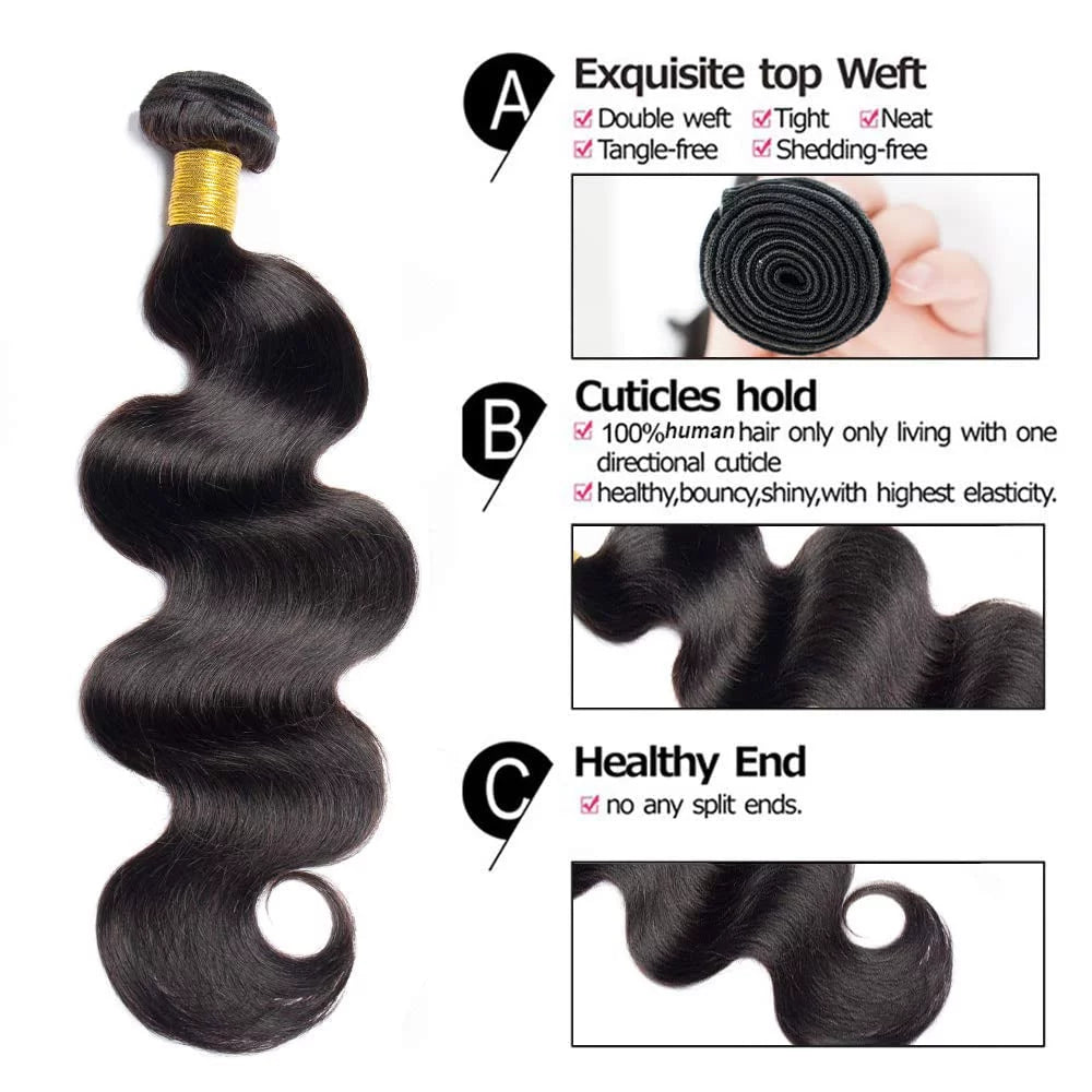 100% Unprocessed Brazilian Virgin Remy Human Hair Extensions Body Wave Bundles Color Natural Black #1B 26" Inch