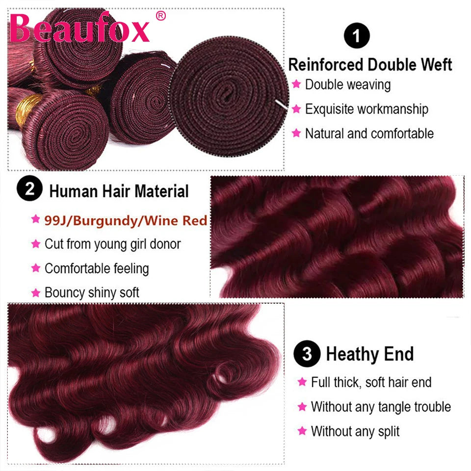 Beaufox 99J Body Wave Bundles - Burgundy Red Hair Extensions