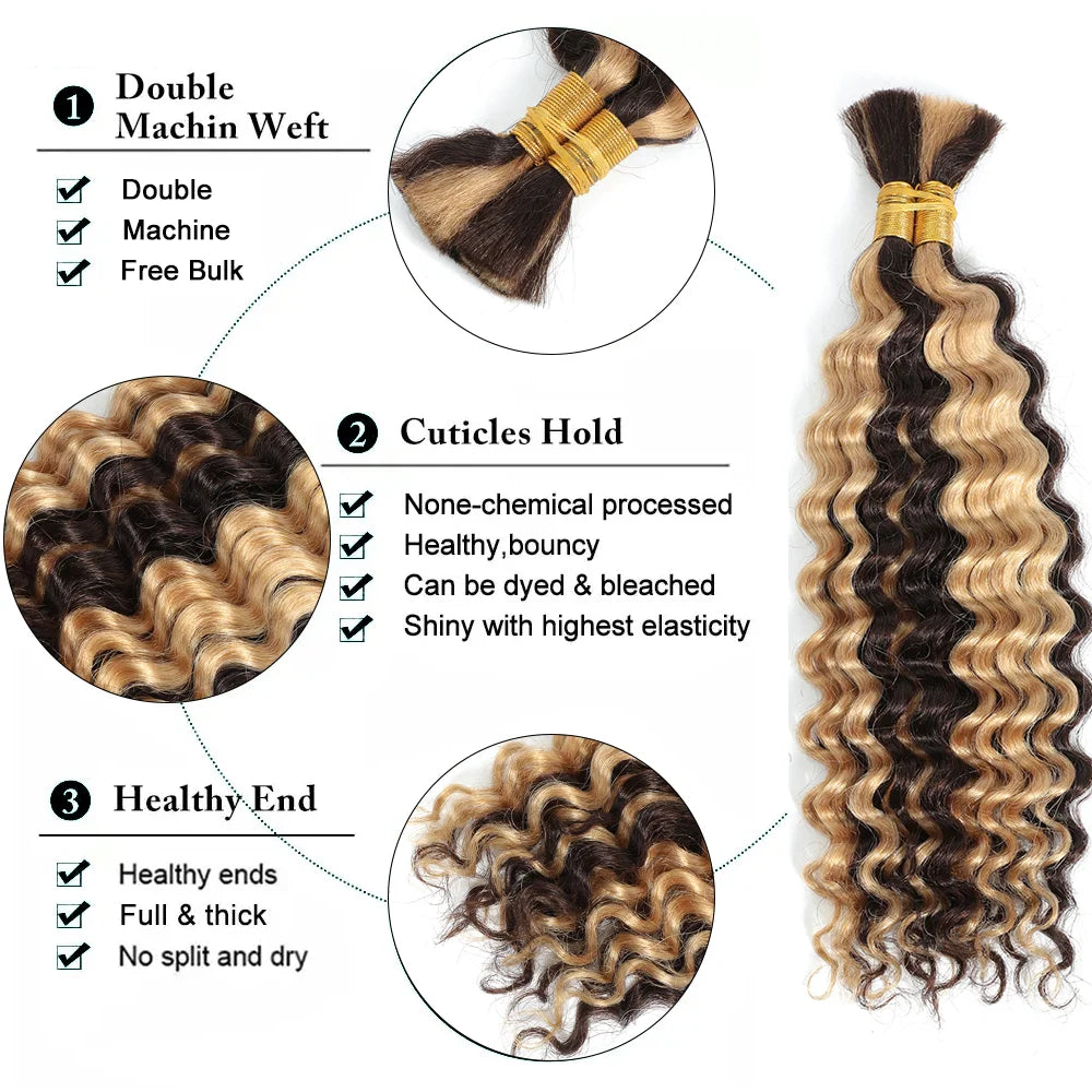 Human Braiding Hair 1 Bundle 20 Inch Human Hair Bundles for Braiding Highlight P4/27 Color Deep Wave Bulk Human Hair Bundles