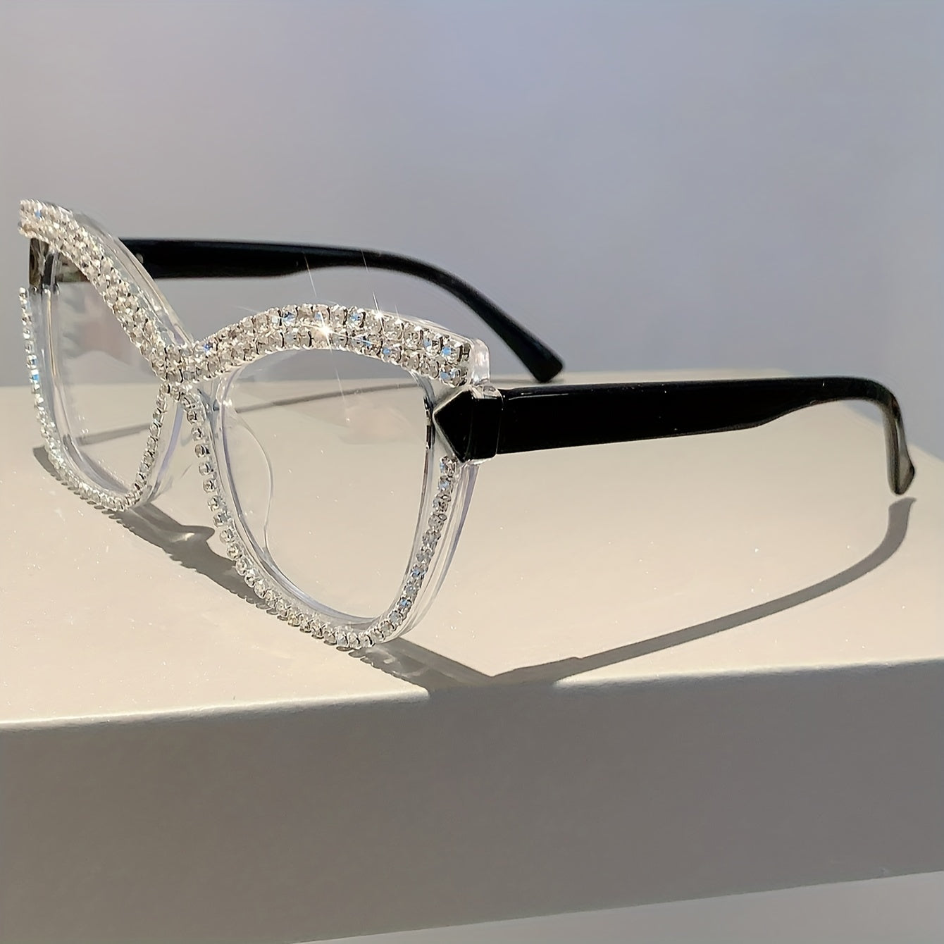 Large Cat Eye Bling Rhinestone Clear Lens Glasses Fashion Computer Glasses Party Prom Decorative Spectacles