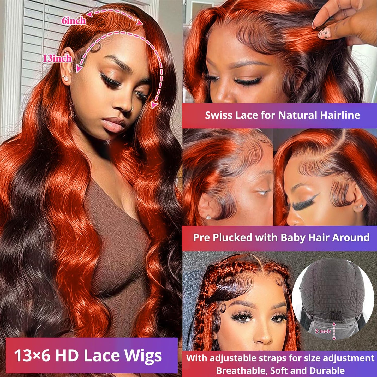 200% Density 13X6 Ginger Lace Front Wigs Human Hair Pre Plucked for Women Ombre 13X6 HD Transparent Ginger Orange Lace Front Wigs Human Hair Glueless Ginger Colored Lace Front Wigs Human Hair (20Inch)