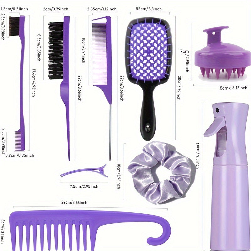 12pcs/Set Hair Styling Comb Set, Detangling Hair Brush For All Hair Types, Detangler Brush Teasing Hair Brush Rat Tail Comb Edge Brush, Silicone Scalp Massager Shampoo Brush For Shower, Hairdressing Spray Bottle, Hair Styling Tools, travel essentials