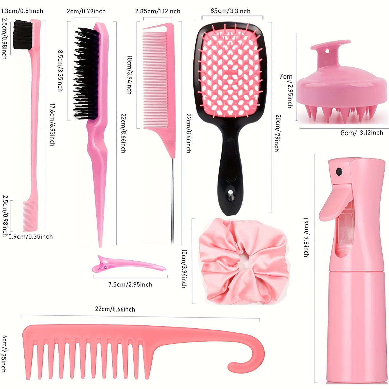 12pcs/Set Hair Styling Comb Set, Detangling Hair Brush For All Hair Types, Detangler Brush Teasing Hair Brush Rat Tail Comb Edge Brush, Silicone Scalp Massager Shampoo Brush For Shower, Hairdressing Spray Bottle, Hair Styling Tools, travel essentials