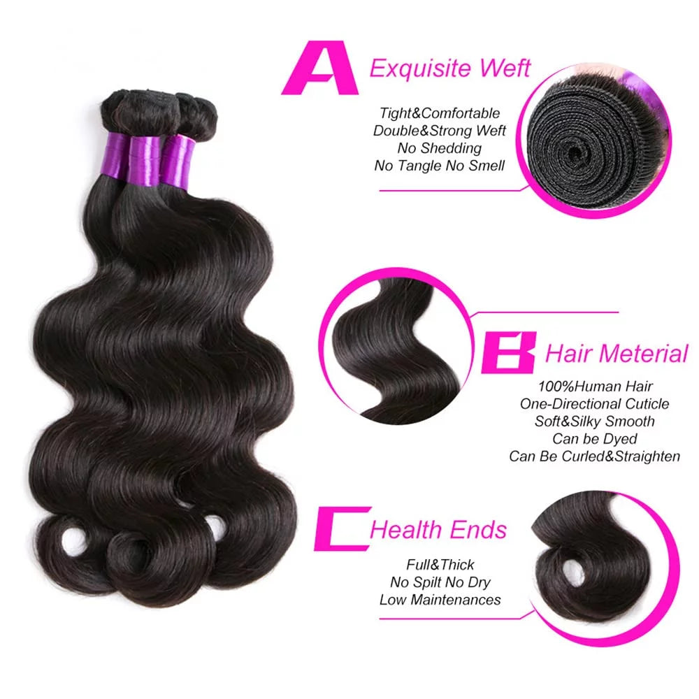 Brazilian Body Wave 3 Bundles with Closure 100% Unprocessed Human Hair Extensions 4X4 Free Part Lace Closure Natural Color (16 18 20+14)