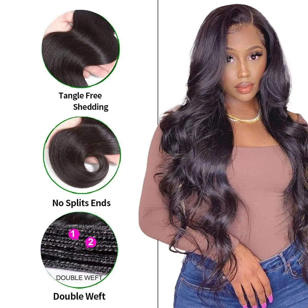 100% Unprocessed Brazilian Virgin Remy Human Hair Extensions Body Wave Bundles Color Natural Black #1B 26" Inch