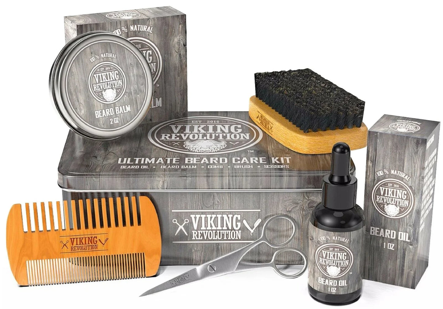 Beard Care Kit for Men - Kit Includes 100% Boar Beard Brush, Wooden Comb, Beard Balm, Beard Oil, Beard & Mustache Scissors in a Metal Box